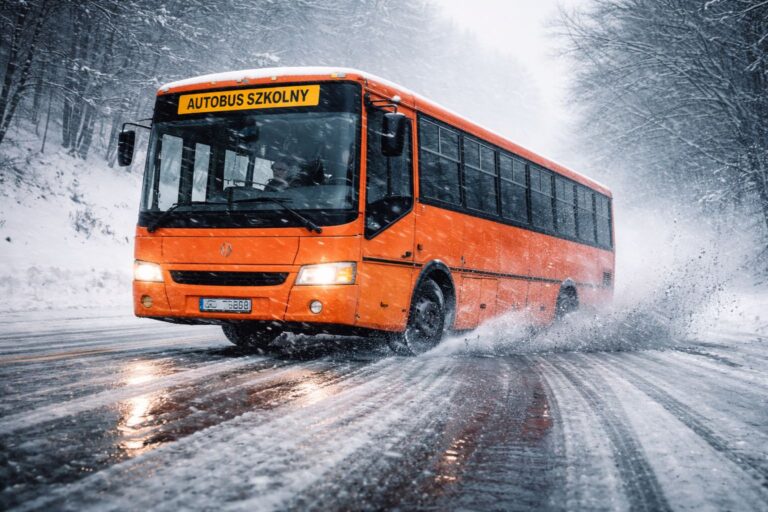Poślizg autobusu szkolnego.
