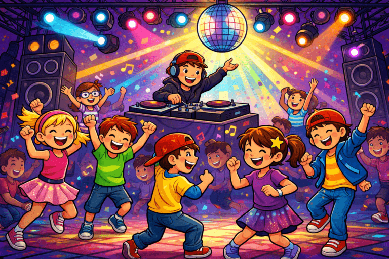 Dzieci tańczą na dyskotece z DJ-em w kolorowym świetle