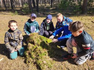 Dzieci kucające w lesie i dotykające mchu na ziemi.