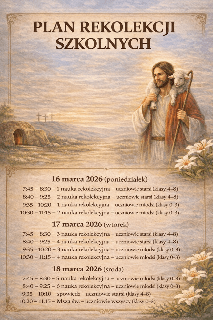 Plakat z ilustracją Jezusa Dobrego Pasterza z barankiem oraz harmonogramem rekolekcji szkolnych dla uczniów klas 0–8 w dniach 16–18 marca 2026.