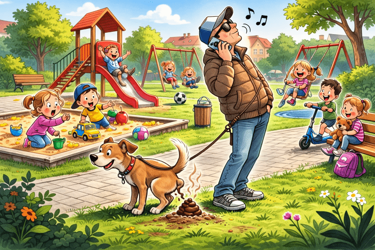 Plac zabaw z bawiącymi się dziećmi, obok którego właściciel psa udaje, że nie widzi, gdy jego pies załatwia się na trawie.