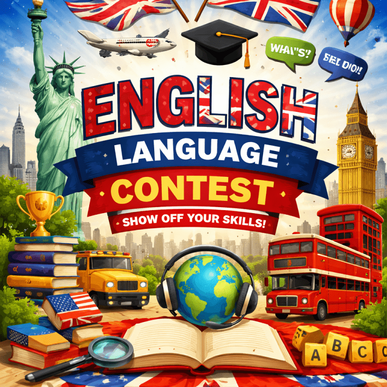 Kolorowy plakat konkursu języka angielskiego z napisem „ENGLISH LANGUAGE CONTEST – SHOW OFF YOUR SKILLS!”, przedstawiający m.in. Statuę Wolności, Big Bena, czerwony londyński autobus, książki, globus w słuchawkach oraz flagi Wielkiej Brytanii i USA.