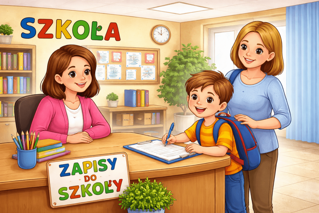 Uśmiechnięte dziecko zapisuje się do szkoły przy biurku w sekretariacie w towarzystwie mamy i nauczycielki, w jasnym i przyjaznym wnętrzu szkoły.