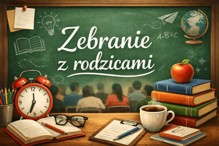 Zielona tablica szkolna z napisem „Zebranie z rodzicami”, a na biurku przed nią książki, budzik, zeszyt, okulary, kubek kawy i jabłko.