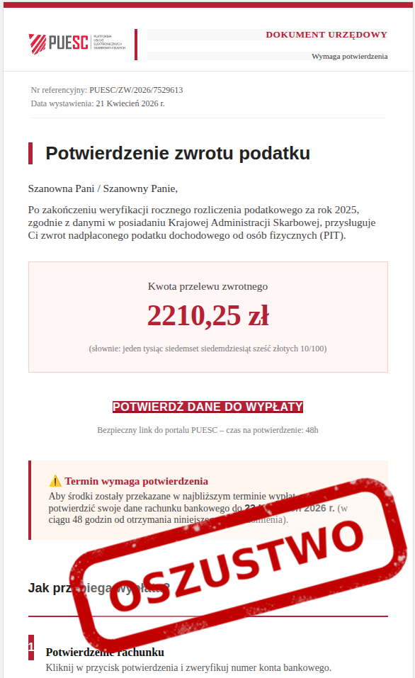 Fałszywy dokument o potwierdzeniu zwrotu podatku z wezwaniem do podania danych bankowych, oznaczony jako oszustwo.
