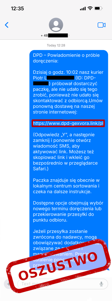 Wiadomość SMS podszywająca się pod DPD z linkiem do fałszywej strony, oznaczona jako „OSZUSTWO”.