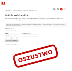 Formularz wyłudzający dane karty płatniczej pod pretekstem wypłaty nadpłaty, oznaczony napisem „OSZUSTWO”.