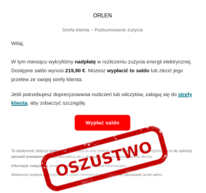 Zrzut ekranu fałszywej wiadomości o nadpłacie z logo Orlen i przyciskiem wypłaty środków, oznaczony czerwonym napisem „OSZUSTWO”.