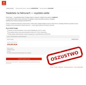 Strona z formularzem danych osobowych do rzekomej wypłaty nadpłaty, oznaczona jako oszustwo czerwonym stemplem.