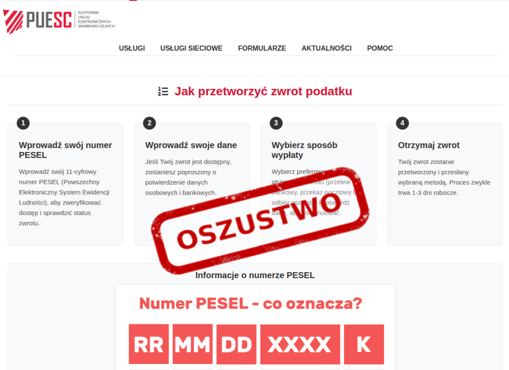 Podrobiona strona PUESC z instrukcją uzyskania zwrotu podatku i oznaczeniem „OSZUSTWO”.