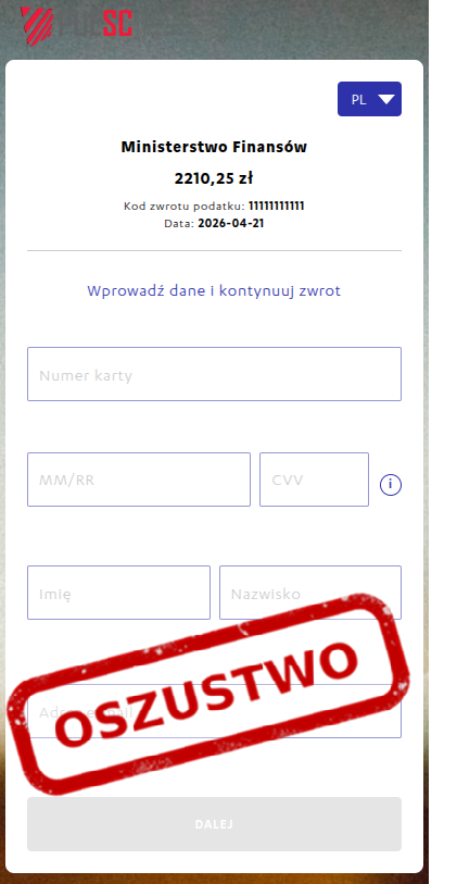 Fałszywa strona podszywająca się pod Ministerstwo Finansów z formularzem danych karty do rzekomego zwrotu podatku, oznaczona jako oszustwo.
