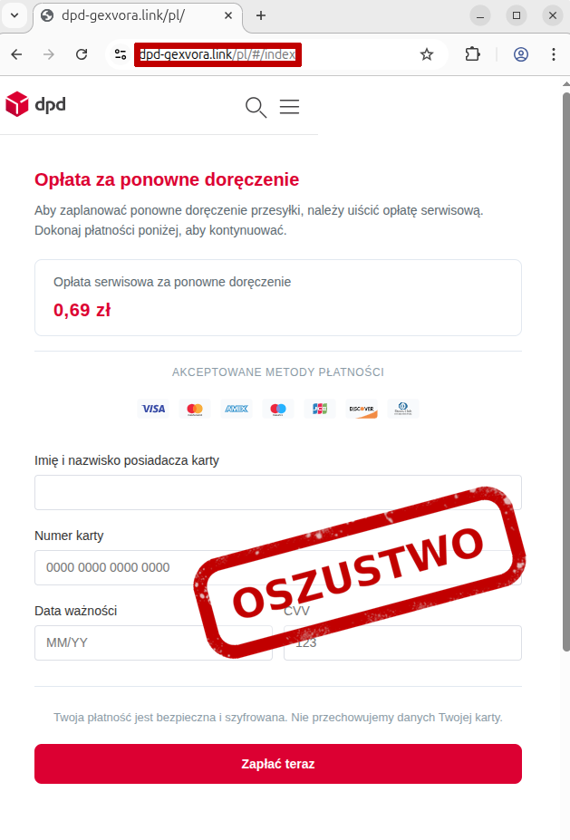 Fałszywa strona podszywająca się pod DPD z formularzem płatności za ponowne doręczenie i oznaczeniem „OSZUSTWO”.