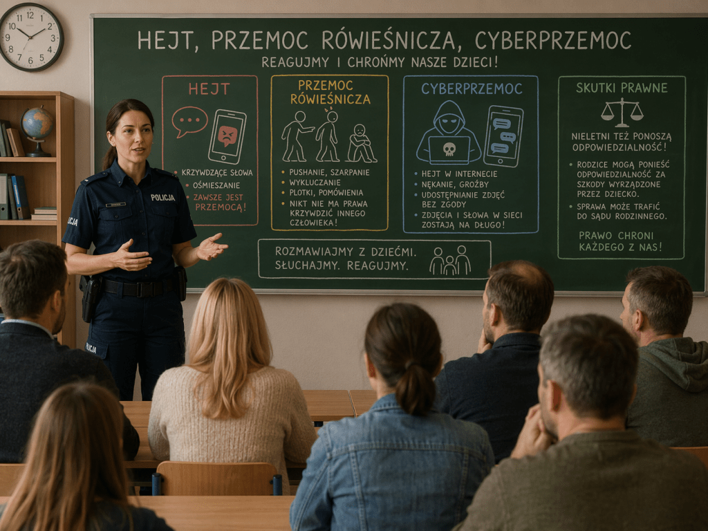 Policjantka prowadzi w szkolnej klasie spotkanie dla rodziców na temat hejtu, przemocy rówieśniczej, cyberprzemocy i ich skutków prawnych, prezentując zagadnienia na tablicy.