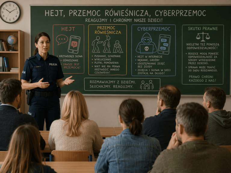 Policjantka prowadzi w szkolnej klasie spotkanie dla rodziców na temat hejtu, przemocy rówieśniczej, cyberprzemocy i ich skutków prawnych, prezentując zagadnienia na tablicy.