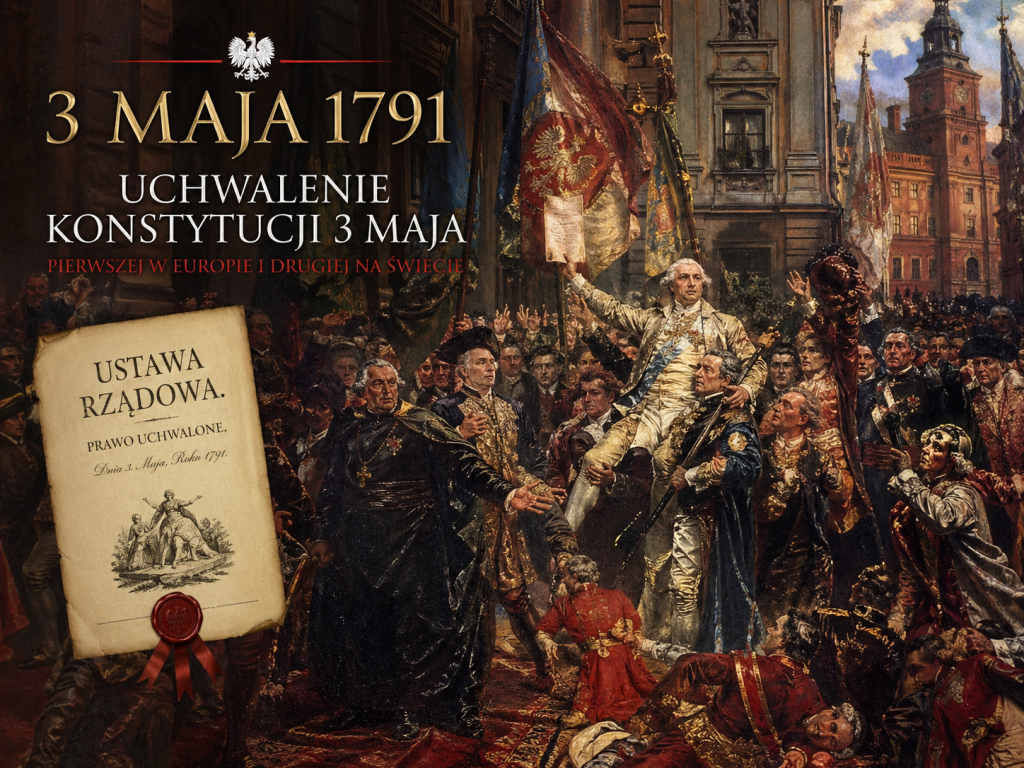 Ilustracja w stylu historycznego malarstwa przedstawiająca tłum zgromadzony w Warszawie podczas uchwalenia Konstytucji 3 Maja w 1791 roku, z centralną postacią uniesioną nad ludźmi, trzymającą dokument, w otoczeniu szlachty, duchowieństwa i sztandarów.