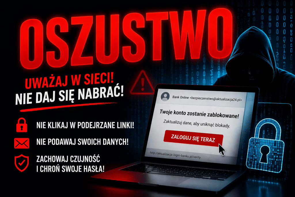 Grafika ostrzegawcza o oszustwach internetowych z dużym czerwonym napisem „oszustwo”, przedstawiająca hakera przy laptopie i fałszywy komunikat bankowy oraz wskazówki dotyczące bezpieczeństwa w sieci.