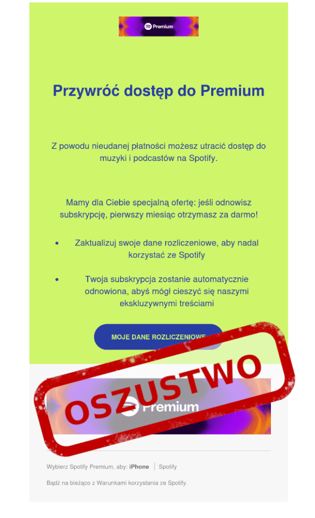 Fałszywa strona logowania przypominająca Spotify z dużym czerwonym napisem „OSZUSTWO”, sugerująca próbę wyłudzenia danych.