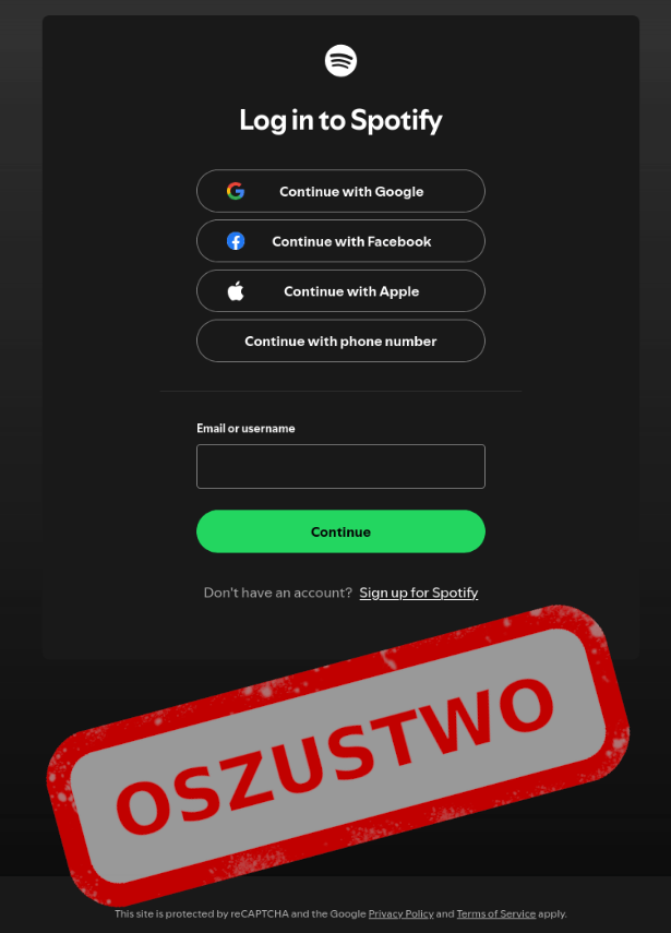 Fałszywy komunikat o przywróceniu dostępu do Spotify Premium z ofertą i przyciskiem aktualizacji danych, oznaczony jako „OSZUSTWO”.