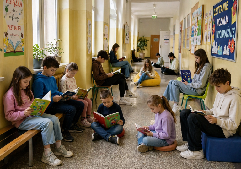 Grupa dzieci w różnym wieku siedzi w szkolnym korytarzu na ławkach, krzesłach i podłodze, w ciszy skupiona na czytaniu książek.
