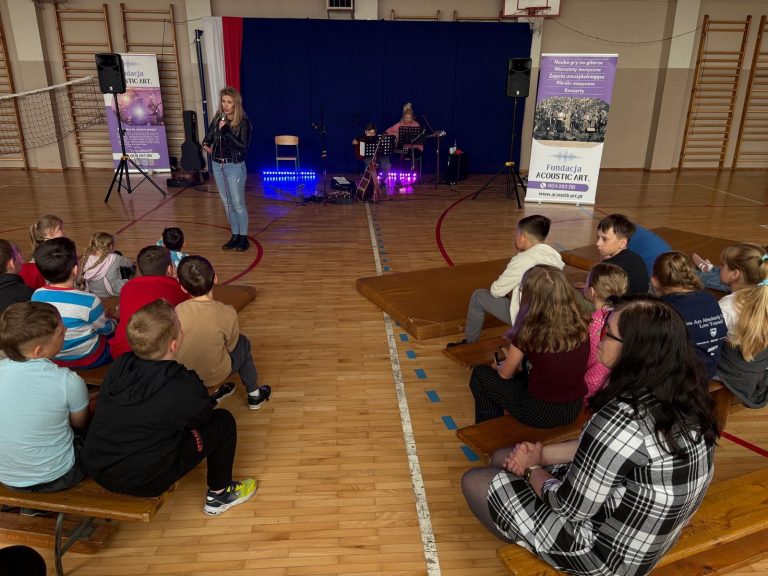 Uczniowie siedzący w sali gimnastycznej słuchają występu i prelekcji Fundacji Acoustic Art poświęconych projektowi „STOP HEJT”.