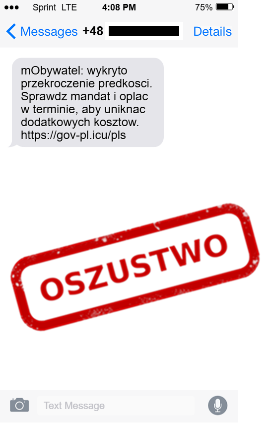 Wiadomość SMS podszywająca się pod aplikację mObywatel informuje o rzekomym mandacie i zawiera oznaczenie „OSZUSTWO”.