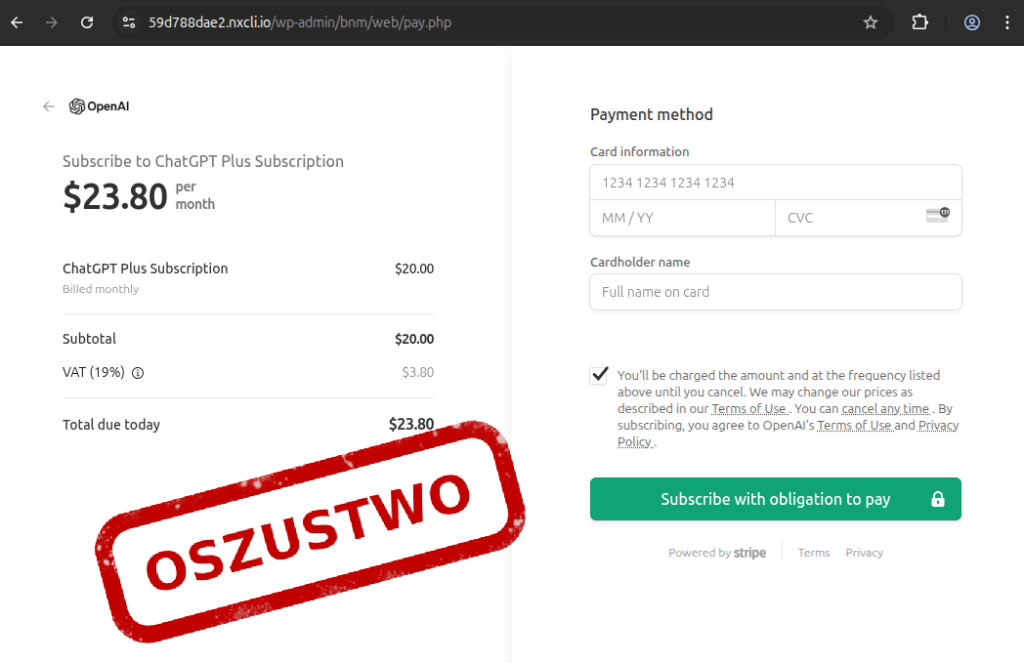 Fałszywy e-mail o rzekomej nieudanej płatności za ChatGPT z przyciskiem „Odnów teraz” i oznaczeniem „oszustwo”.