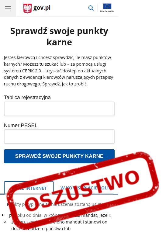 Grafika przedstawia fałszywą stronę gov.pl do sprawdzania punktów karnych oznaczoną czerwonym napisem „OSZUSTWO”.