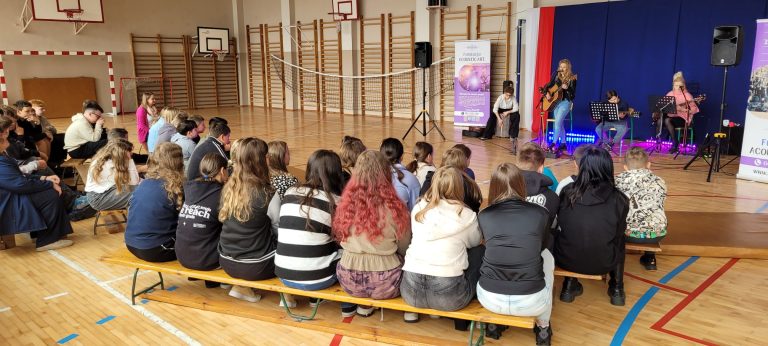Uczniowie zgromadzeni w sali gimnastycznej oglądają występ muzyczny przygotowany przez Fundację Acoustic Art.