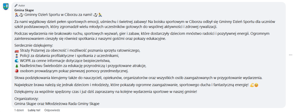 Grafika przedstawia wpis Gminy Skąpe podsumowujący Gminny Dzień Sportu w Ciborzu, zawierający podziękowania dla służb, instytucji, organizatorów oraz uczestników za wspólną aktywność, edukację i sportową rywalizację z okazji Dnia Dziecka.