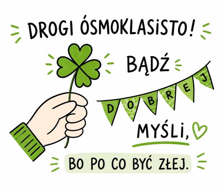 Ręcznie rysowana grafika przedstawia dłoń trzymającą zieloną czterolistną koniczynę oraz motywacyjny napis dla ósmoklasistów.