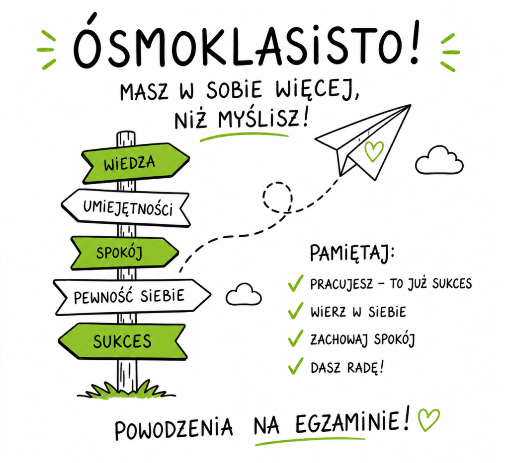 Rysunkowa grafika motywacyjna przedstawia drogowskaz z hasłami o wiedzy, spokoju i sukcesie oraz papierowy samolot zachęcający ósmoklasistów do wiary w siebie przed egzaminem.