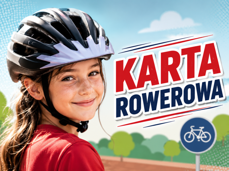 Plakat przedstawia uśmiechniętą uczennicę w kasku rowerowym na tle roweru i kolorowego napisu „KARTA ROWEROWA”.