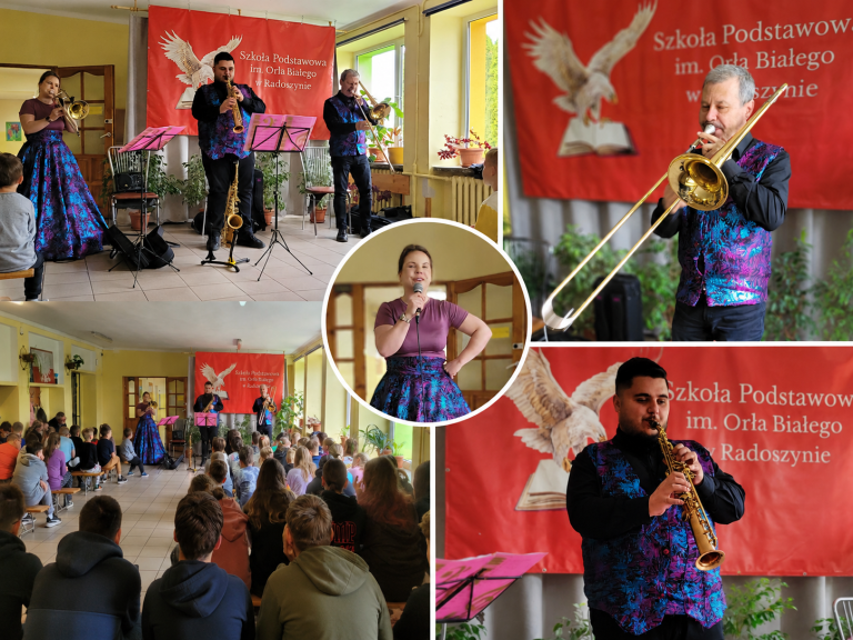 Kolaż przedstawia muzyków grających koncert edukacyjny dla uczniów w holu Szkoły Podstawowej im. Orła Białego w Radoszynie.