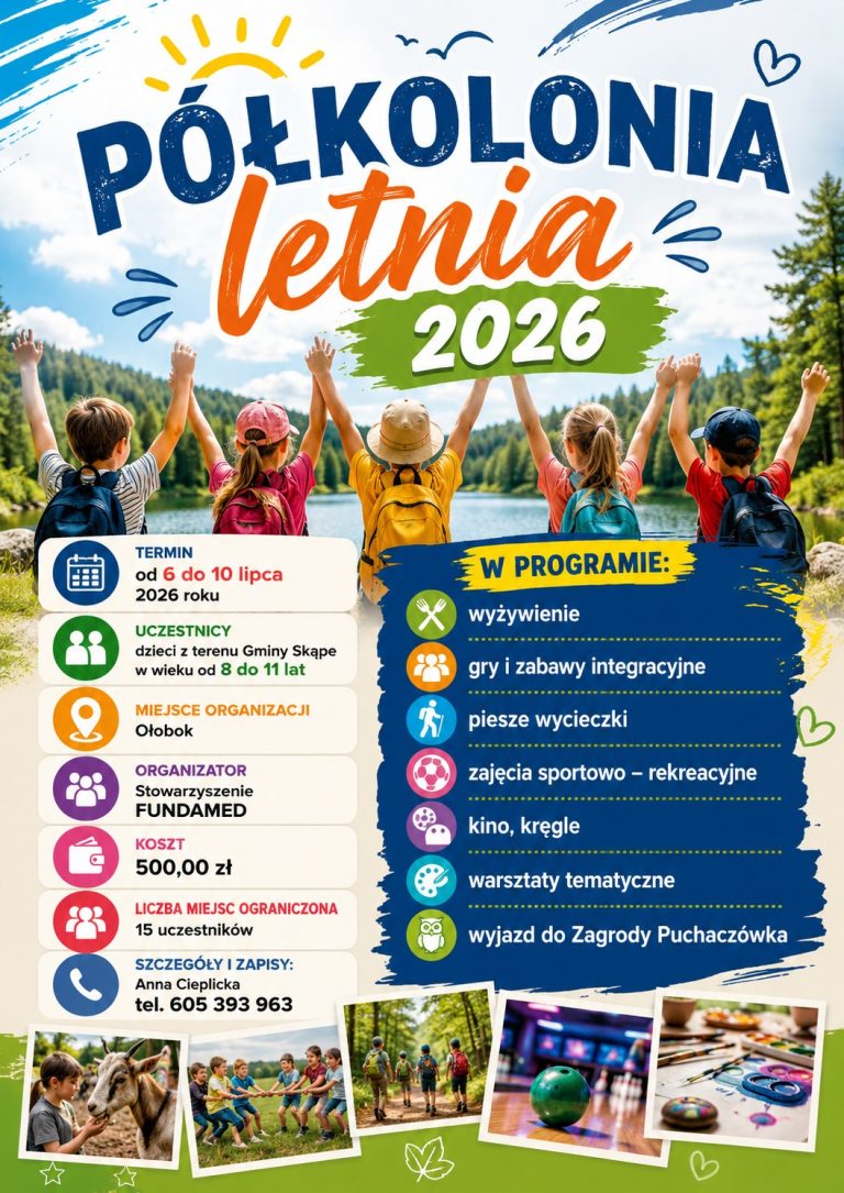 Plakat reklamujący półkolonię letnią 2026 dla dzieci w wieku 8–11 lat z programem pełnym wycieczek, zabaw i zajęć sportowych nad jeziorem.