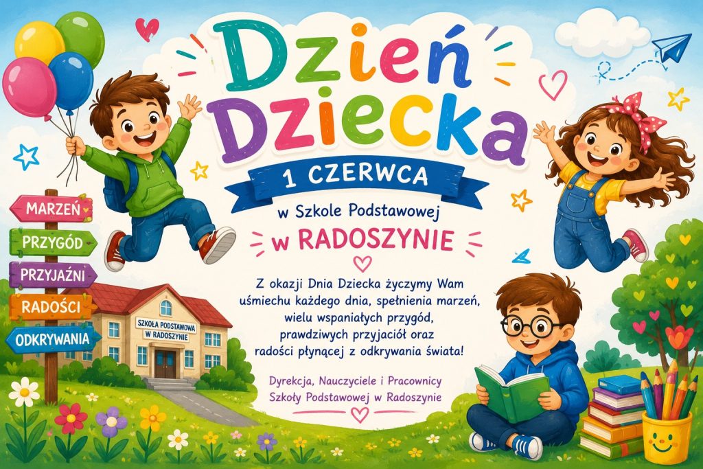 Kolorowa grafika z okazji Dnia Dziecka przedstawiająca uśmiechnięte dzieci bawiące się i czytające na tle szkoły oraz życzenia pełne marzeń, przyjaźni, radości i odkrywania świata.