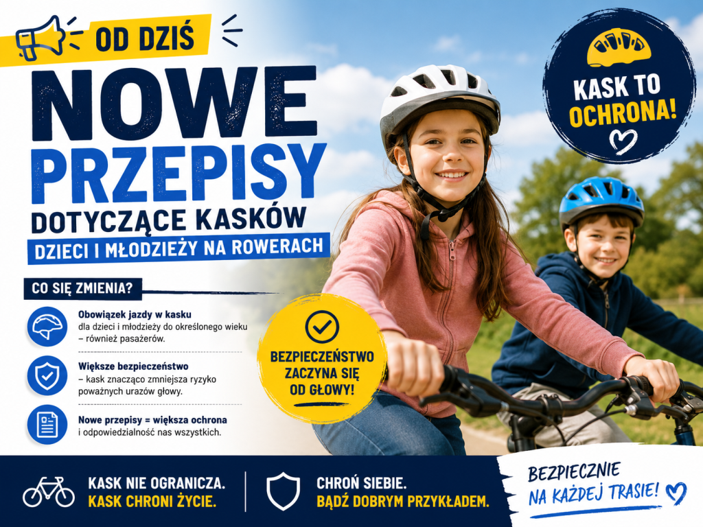 Plakat informacyjny przedstawiający uśmiechnięte dzieci jadące na rowerach w kaskach oraz duży napis o nowych przepisach dotyczących obowiązkowych kasków dla dzieci i młodzieży.